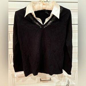Black sweater with silky cream collar